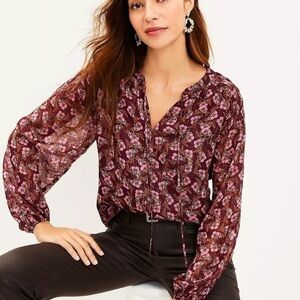 LOFT Women's Shimmer Stripe Smocked Tie Neck Blouse Size Large Burgundy